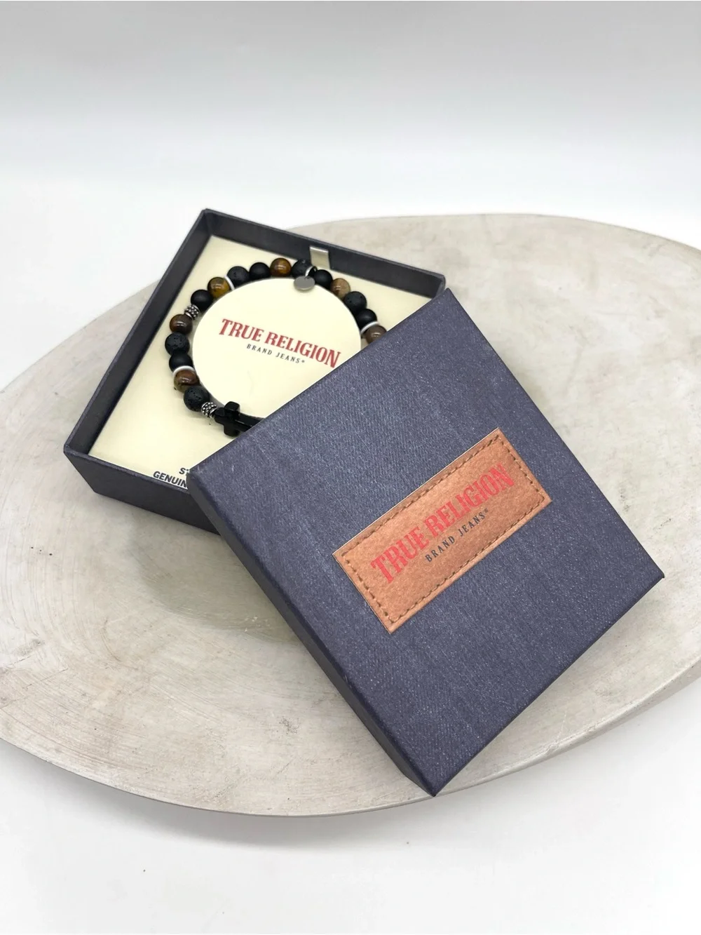 True Religion Men's Stone Cross Bracelet Stainless Steel Tiger Eye Onyx Box